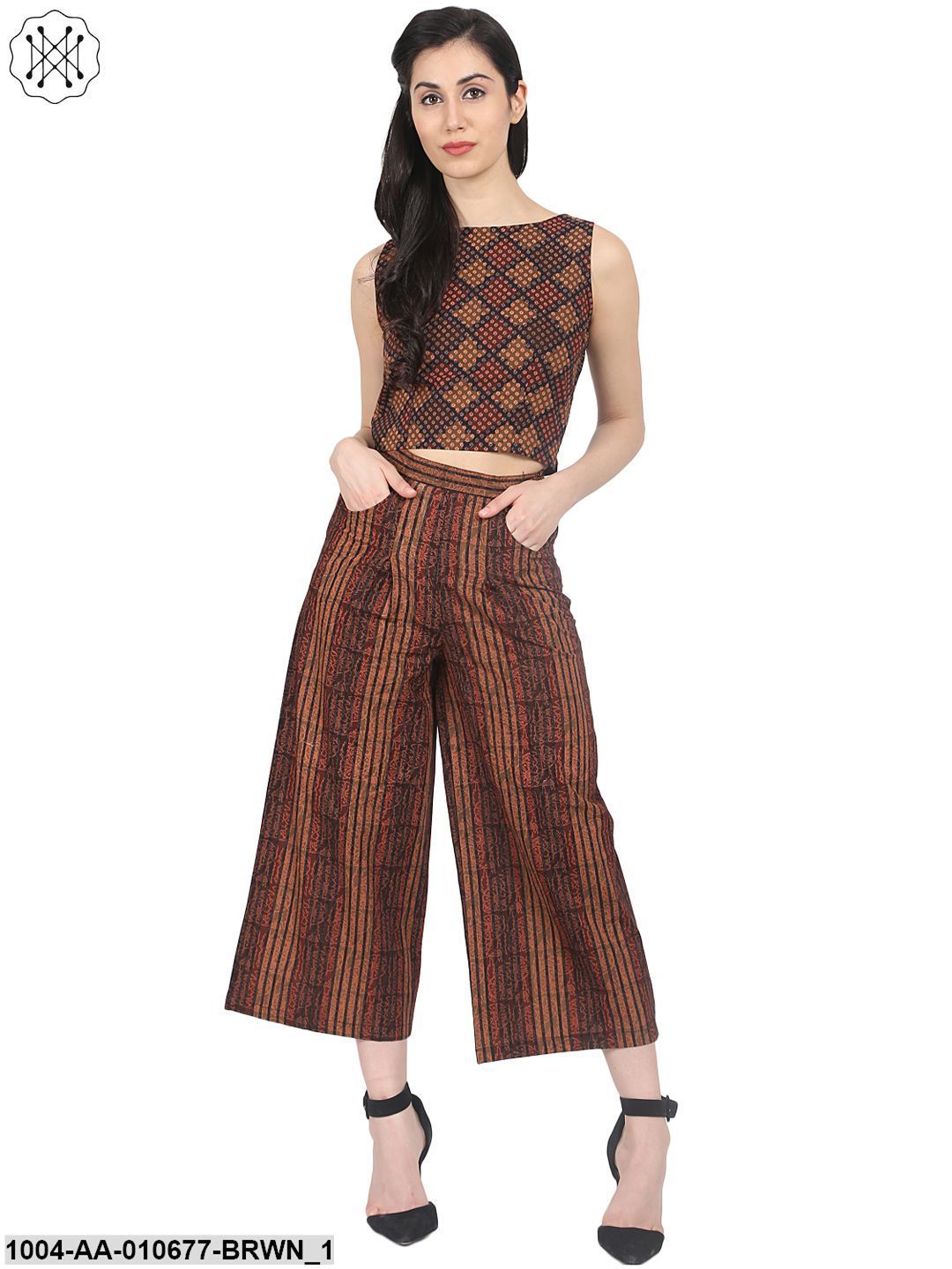Brown Check Sleeveless Crop Top With Striped Calf Length Flared Palazzo
