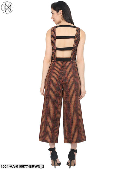 Brown Check Sleeveless Crop Top With Striped Calf Length Flared Palazzo
