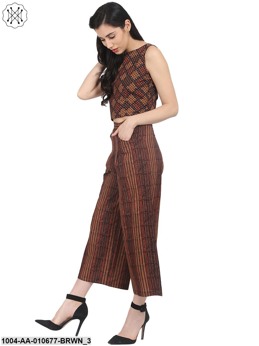 Brown Check Sleeveless Crop Top With Striped Calf Length Flared Palazzo