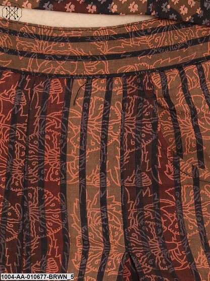 Brown Check Sleeveless Crop Top With Striped Calf Length Flared Palazzo
