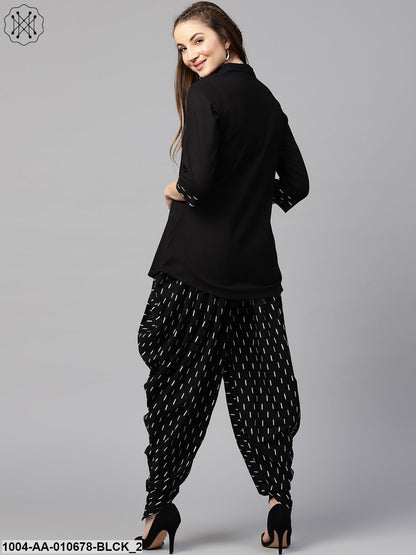 Black 3/4Th Sleeve Cotton Shirt With Black Printed Dhoti
