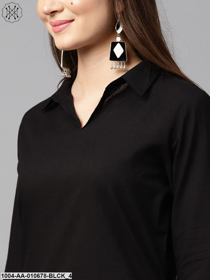 Black 3/4Th Sleeve Cotton Shirt With Black Printed Dhoti