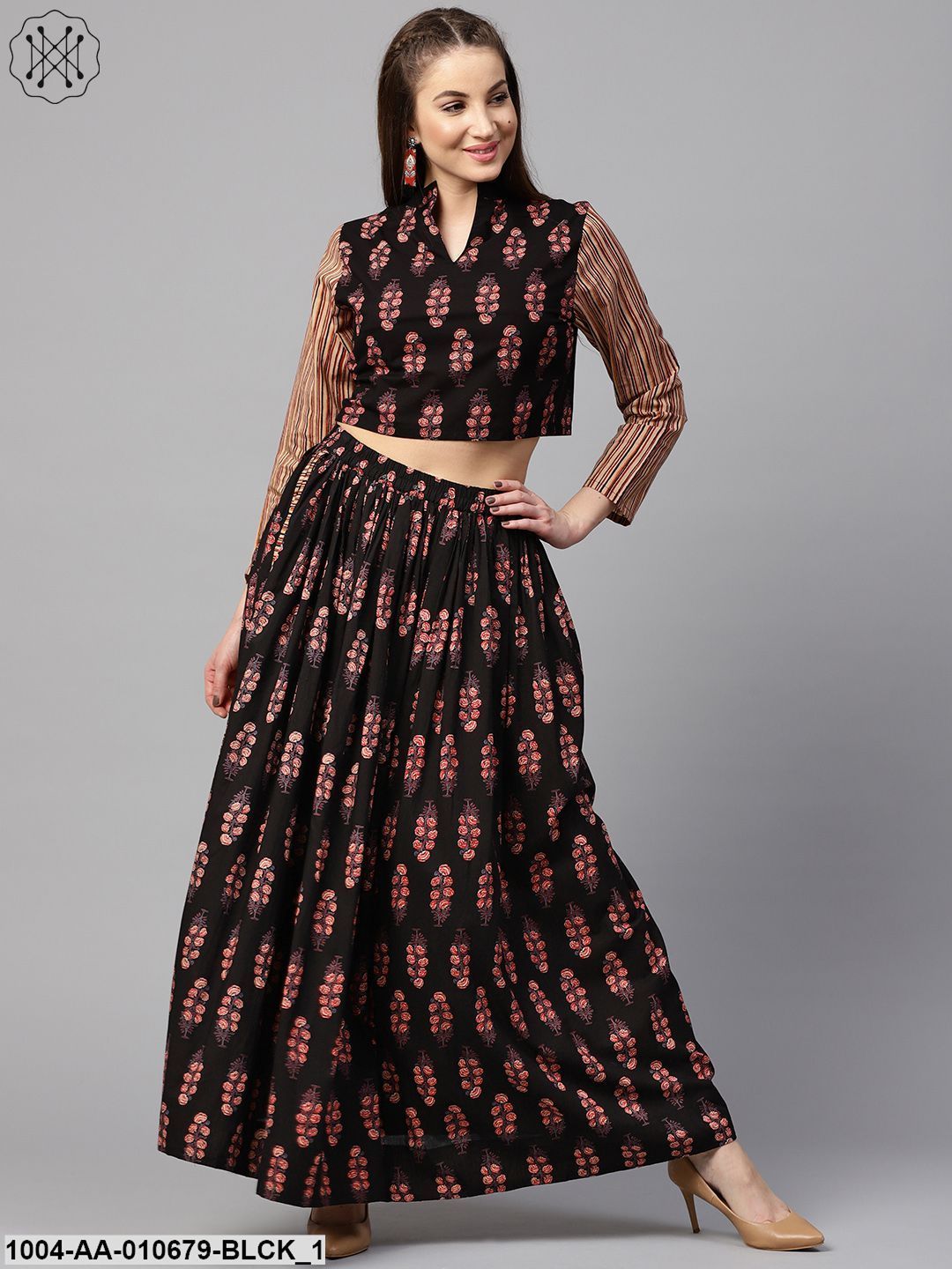 Black Printed 3/4Th Sleeve Blouse With Black Printed Flared Skirt