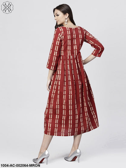 Maroon Printed Cotton Maxi Dress With 3/4 Sleeve Embellished With Pearls