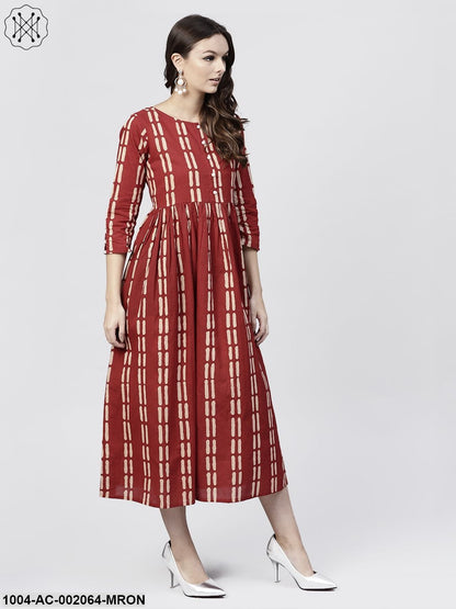 Maroon Printed Cotton Maxi Dress With 3/4 Sleeve Embellished With Pearls