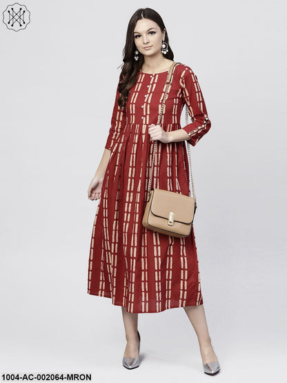 Maroon Printed Cotton Maxi Dress With 3/4 Sleeve Embellished With Pearls