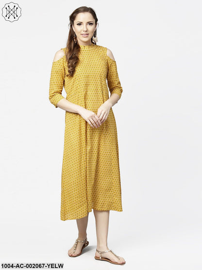 Yellow Printed 3/4Th Cold Shoulder Sleeve Cotton Maxi Dress