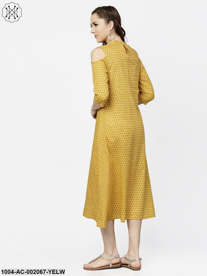 Yellow Printed 3/4Th Cold Shoulder Sleeve Cotton Maxi Dress