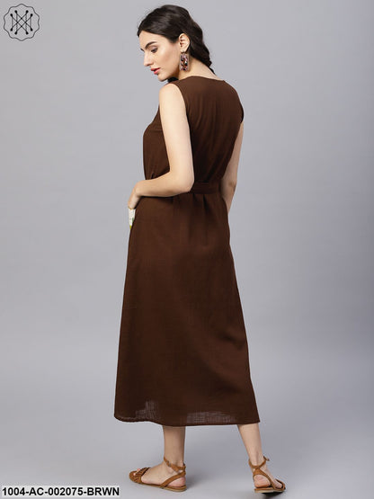 Round Neck Brown Maxi Dress With Front Placket And Belt