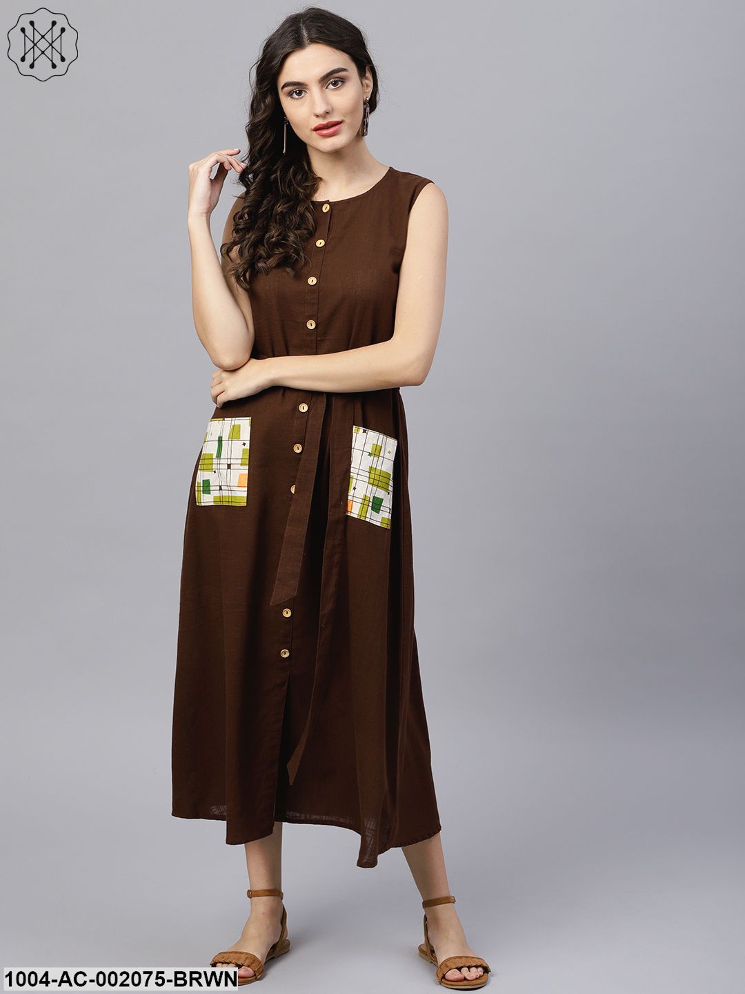 Round Neck Brown Maxi Dress With Front Placket And Belt