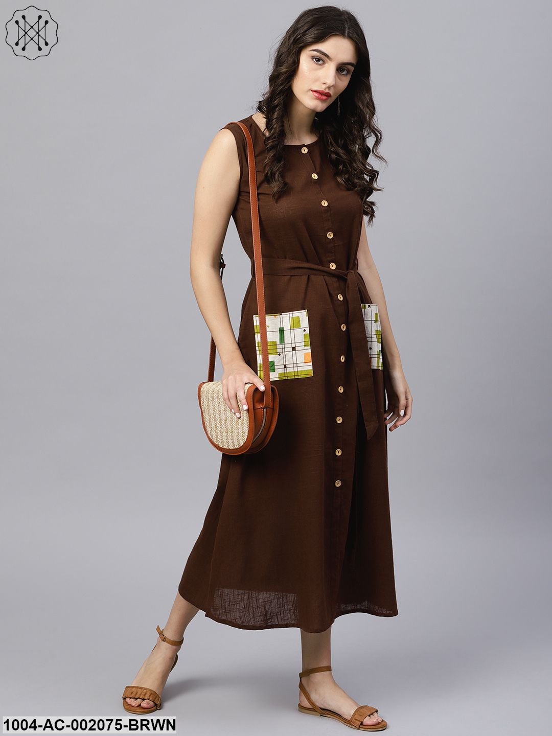Round Neck Brown Maxi Dress With Front Placket And Belt