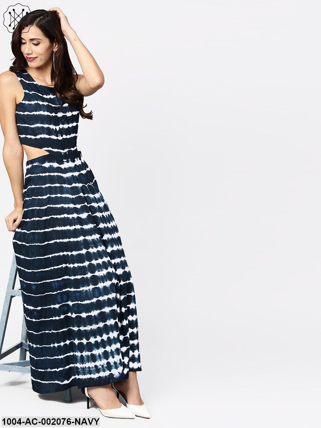 Navy Blue Dyed Half Sleeve Cotton Maxi Dress