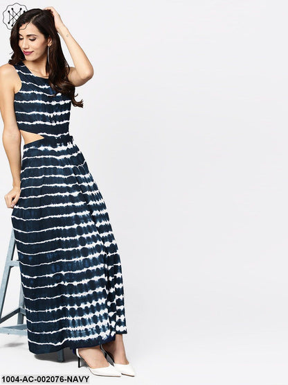 Navy Blue Dyed Half Sleeve Cotton Maxi Dress