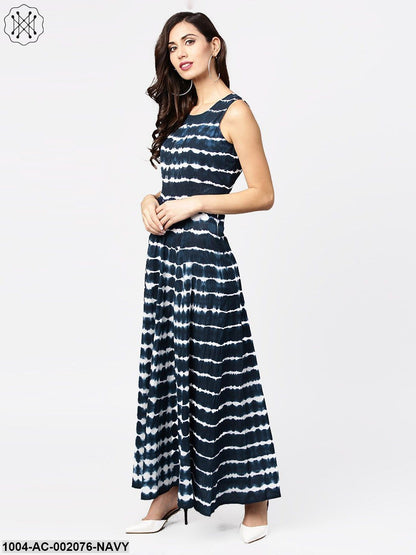 Navy Blue Dyed Half Sleeve Cotton Maxi Dress