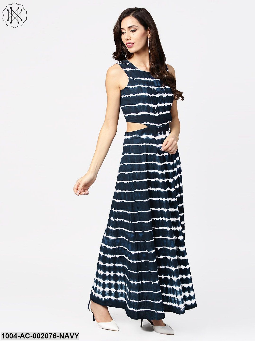 Navy Blue Dyed Half Sleeve Cotton Maxi Dress