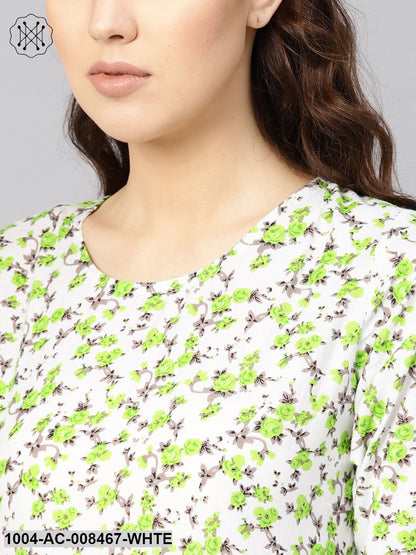 White And Green Floral Printed Round Neck 3/4Th Sleeves Flared Maxi With Deep Back And Tassels Detailing