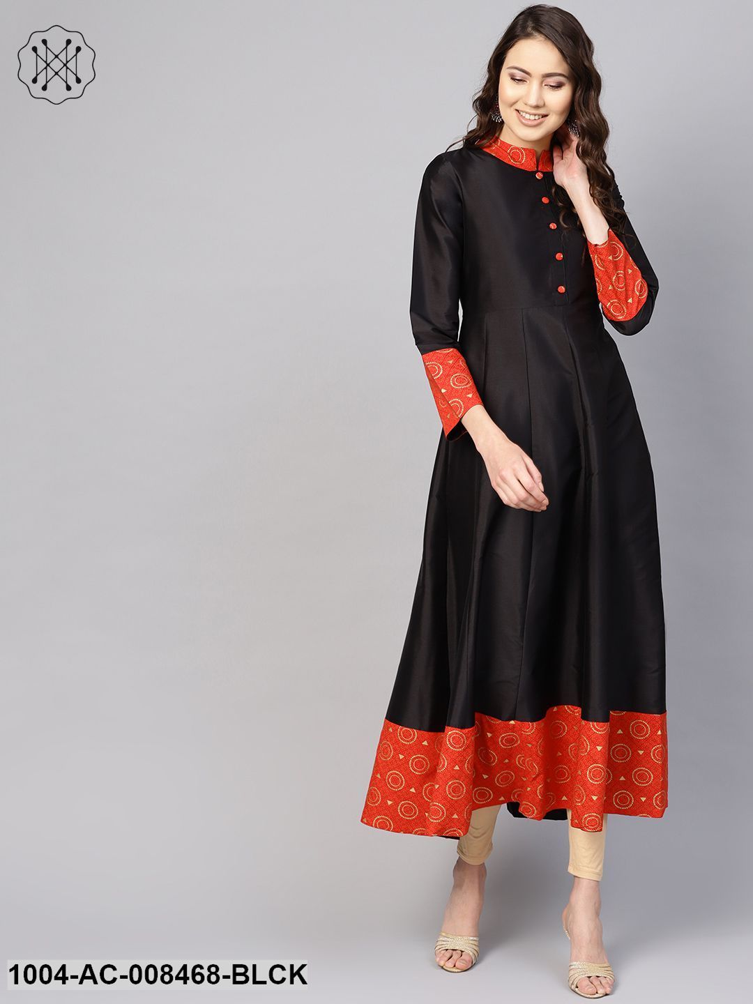 Black And Red Anarkali Collared Neck Full Sleeves Maxi