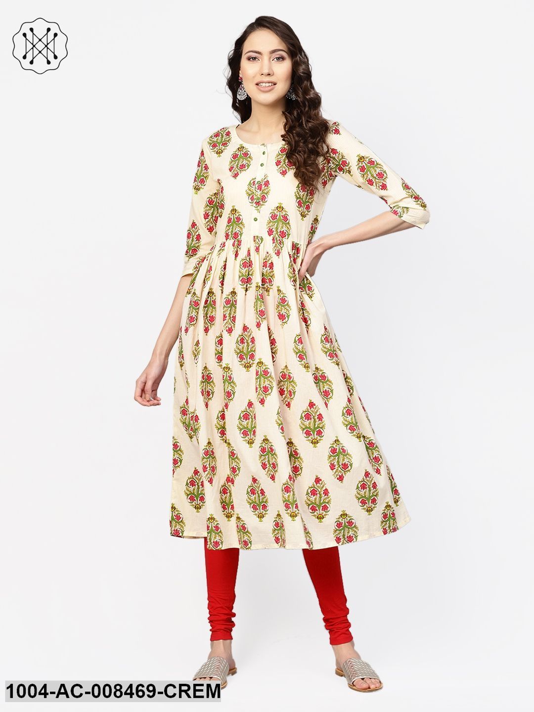 Cream Multi Colored Printed Dress With Round Neck & 3/4 Sleeves