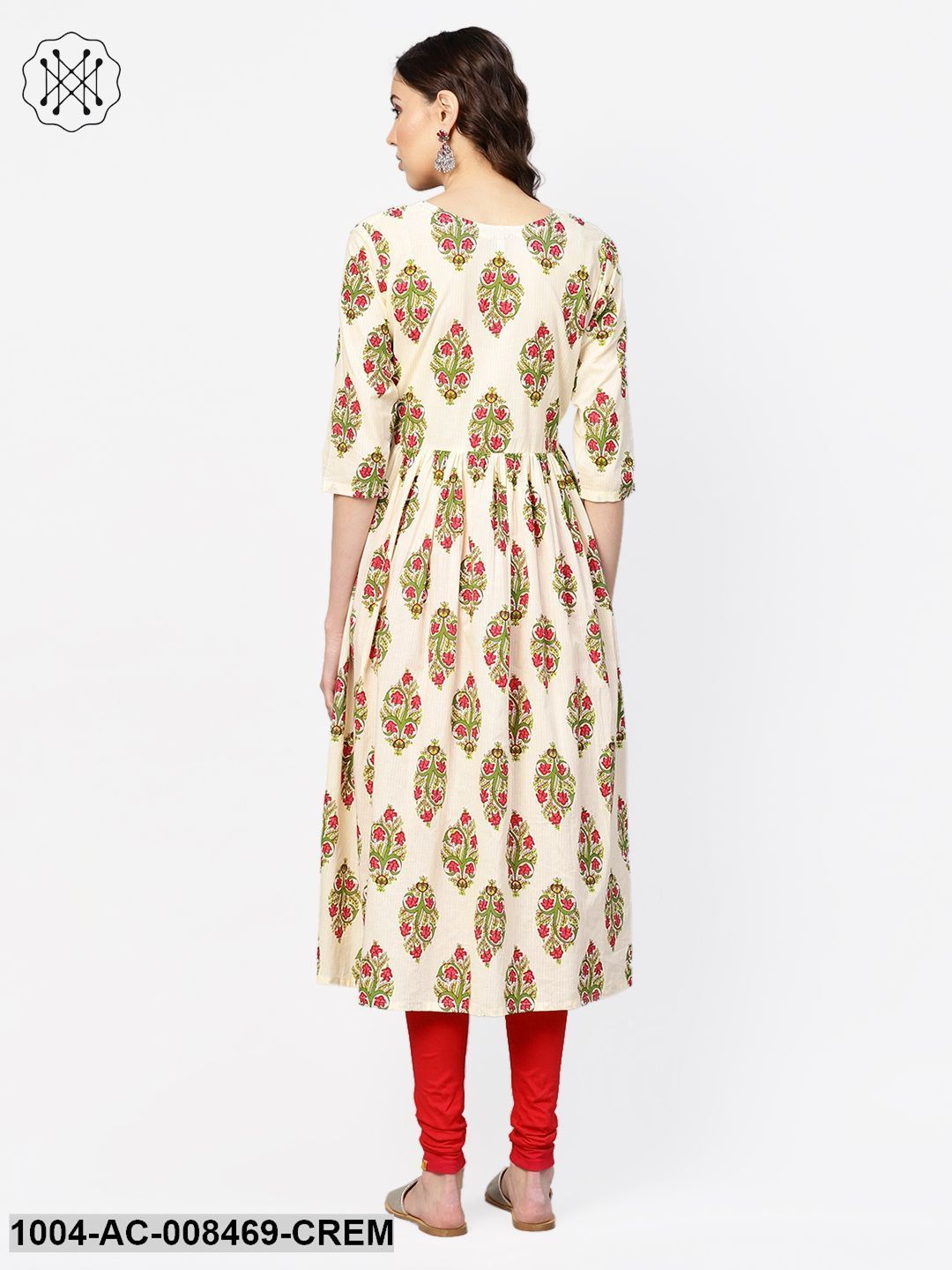 Cream Multi Colored Printed Dress With Round Neck & 3/4 Sleeves