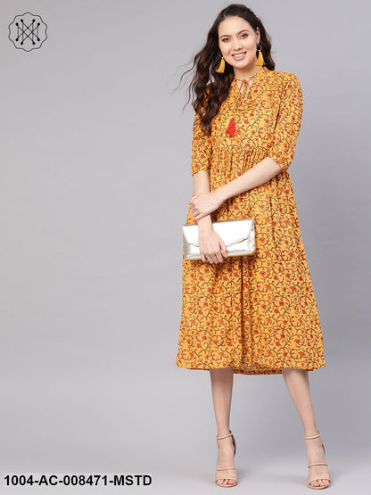 Mustard Flower Printed 3/4Th Sleeve Cotton Dress With Dori Work At Yoke