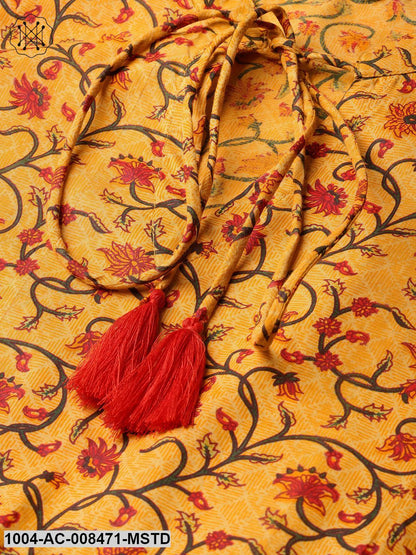 Mustard Flower Printed 3/4Th Sleeve Cotton Dress With Dori Work At Yoke