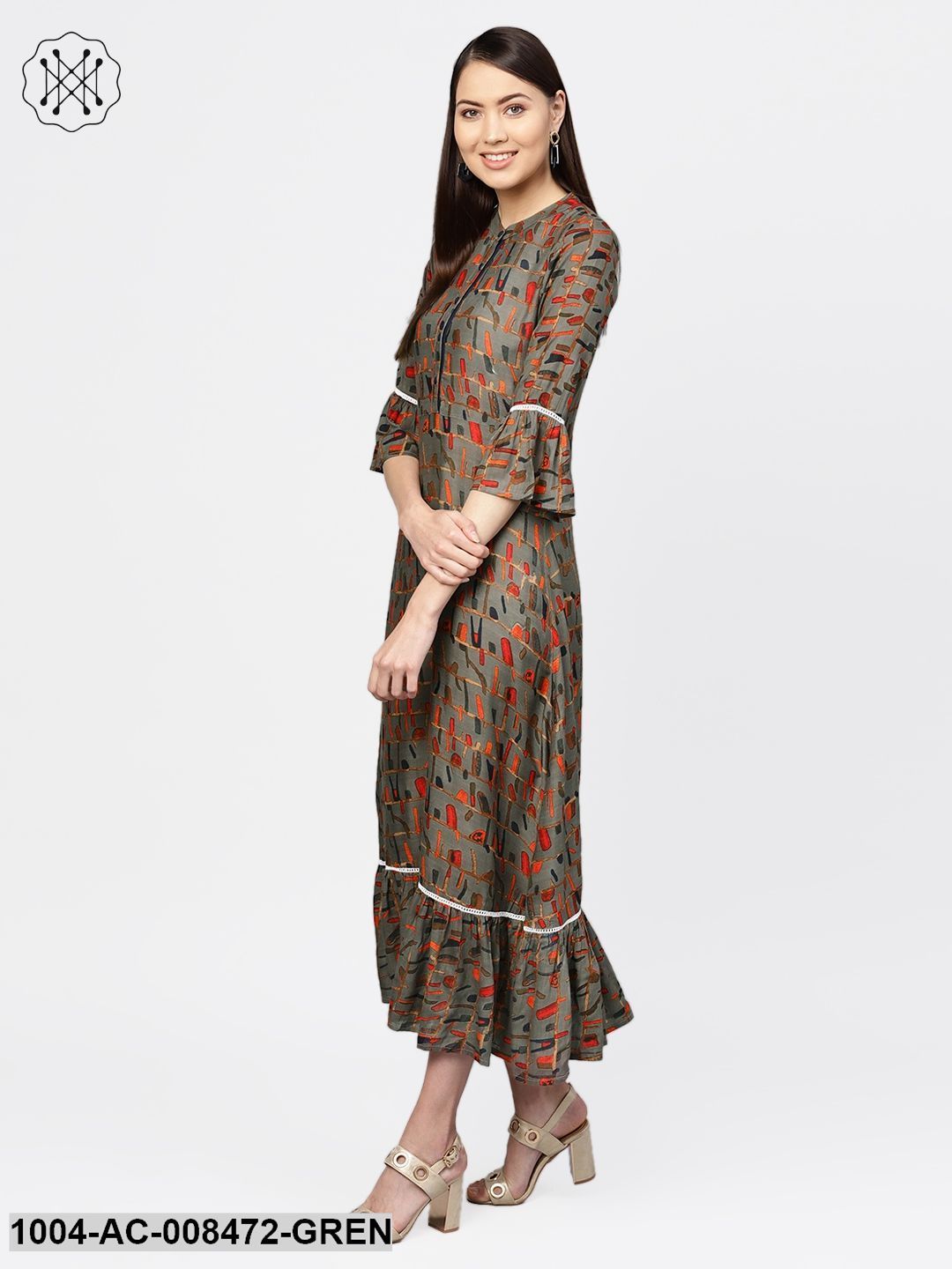 Abstract Multi Printed Chinese Collared Dress With Gathered Look At Hemline