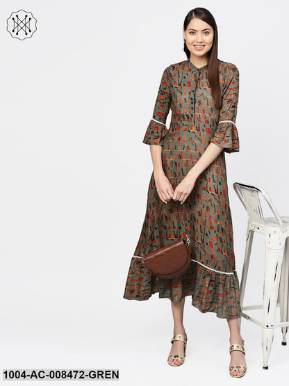 Abstract Multi Printed Chinese Collared Dress With Gathered Look At Hemline