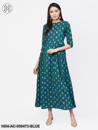 Blue Ikkat Printed Boat Neck Side Pleated 3/4Th Sleeve Maxi Dress
