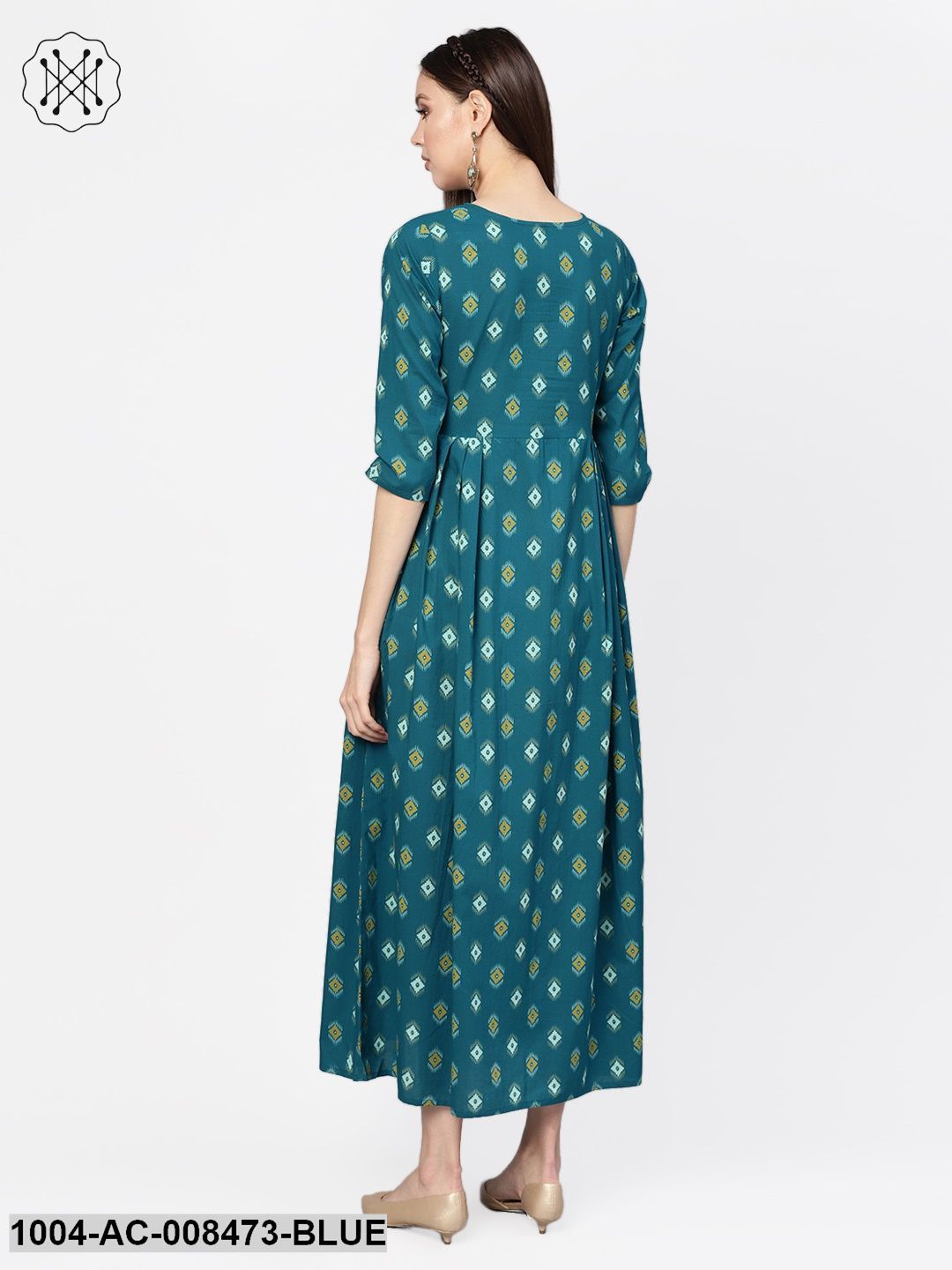 Blue Ikkat Printed Boat Neck Side Pleated 3/4Th Sleeve Maxi Dress