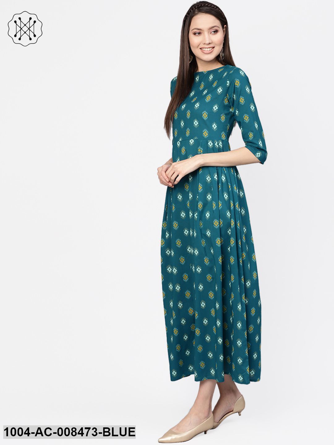 Blue Ikkat Printed Boat Neck Side Pleated 3/4Th Sleeve Maxi Dress
