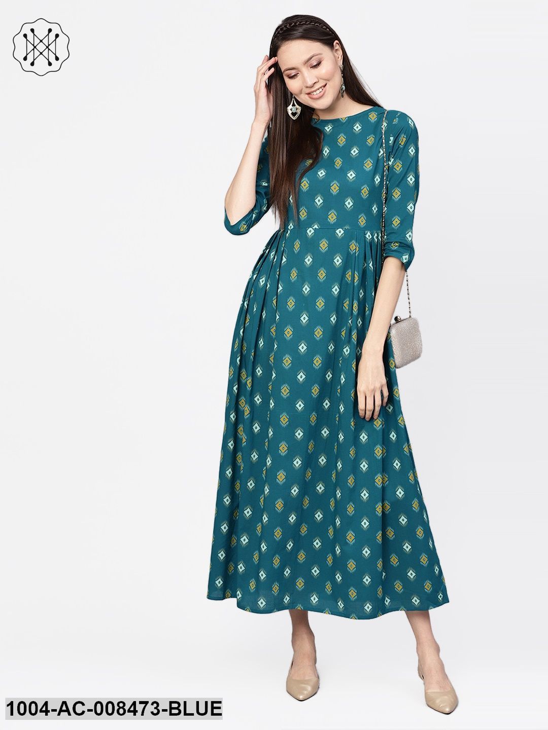 Blue Ikkat Printed Boat Neck Side Pleated 3/4Th Sleeve Maxi Dress
