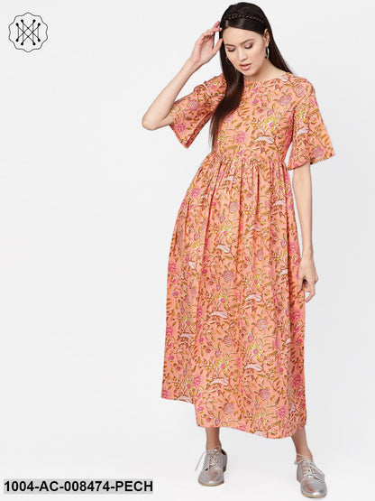 Peach Floral Printed Bell Sleeves Gathered Maxi Dress