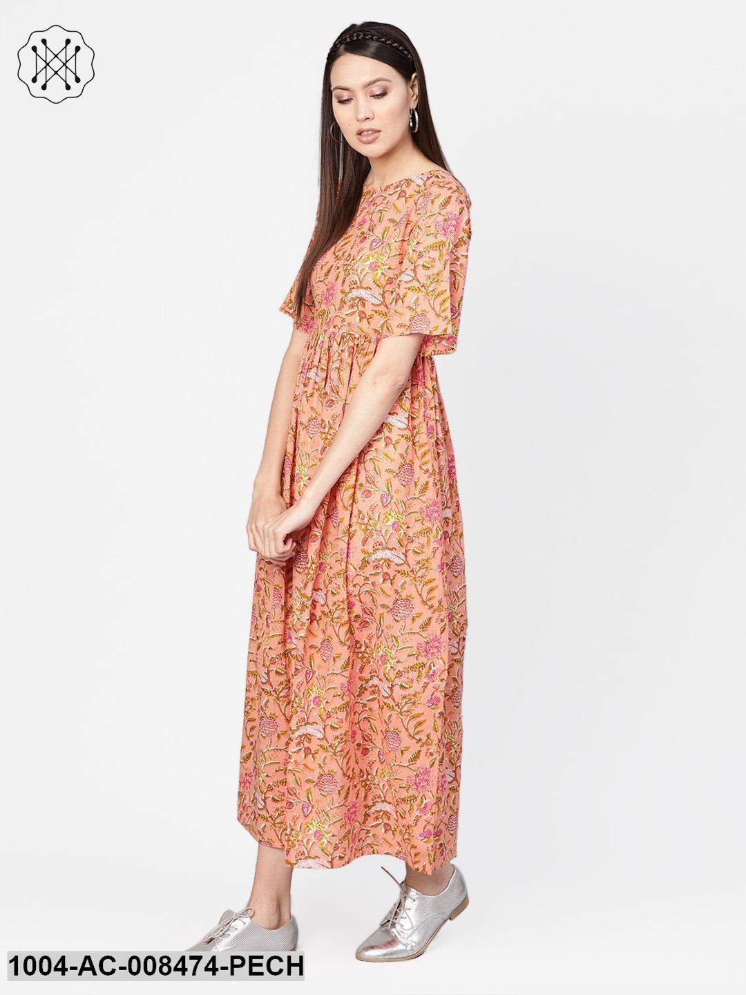 Peach Floral Printed Bell Sleeves Gathered Maxi Dress