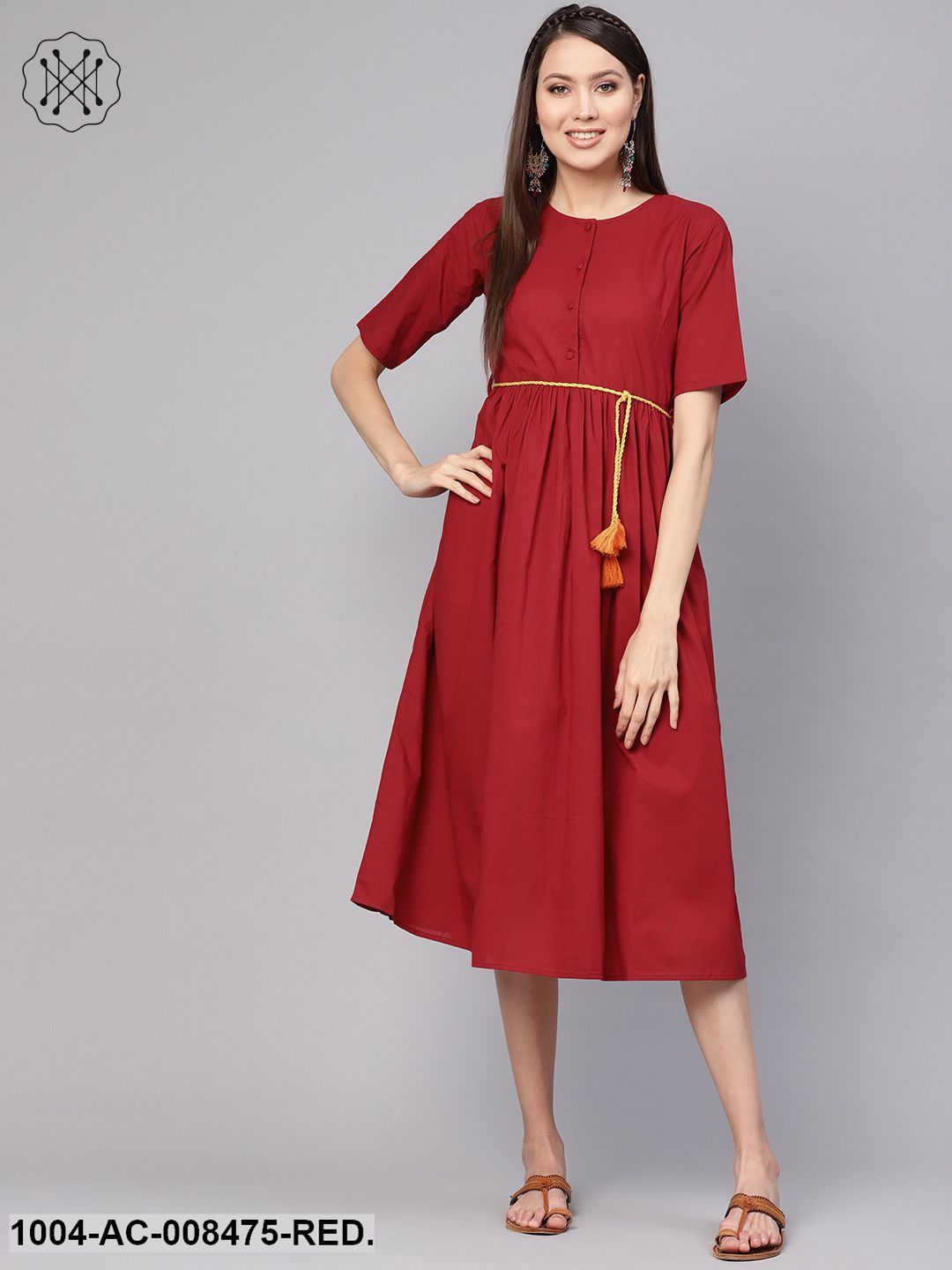 Red Half Sleeves Gathered Midi Dress With Hangings Detailing