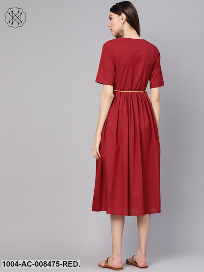 Red Half Sleeves Gathered Midi Dress With Hangings Detailing