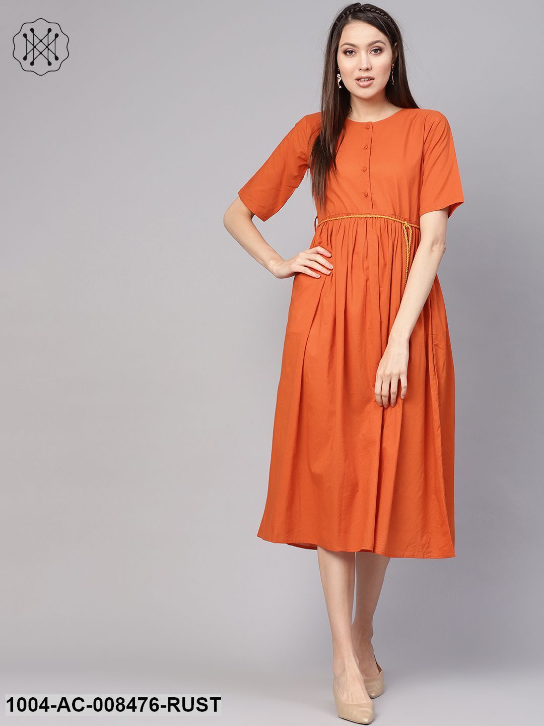 Rust Half Sleeves Gathered Midi Dress With Hangings Detailing