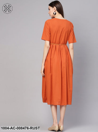 Rust Half Sleeves Gathered Midi Dress With Hangings Detailing