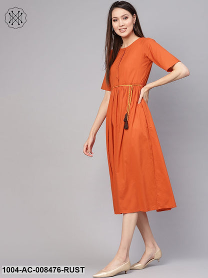 Rust Half Sleeves Gathered Midi Dress With Hangings Detailing