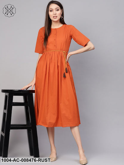 Rust Half Sleeves Gathered Midi Dress With Hangings Detailing