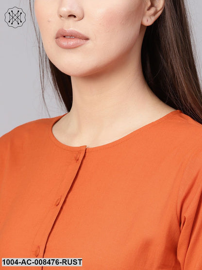 Rust Half Sleeves Gathered Midi Dress With Hangings Detailing