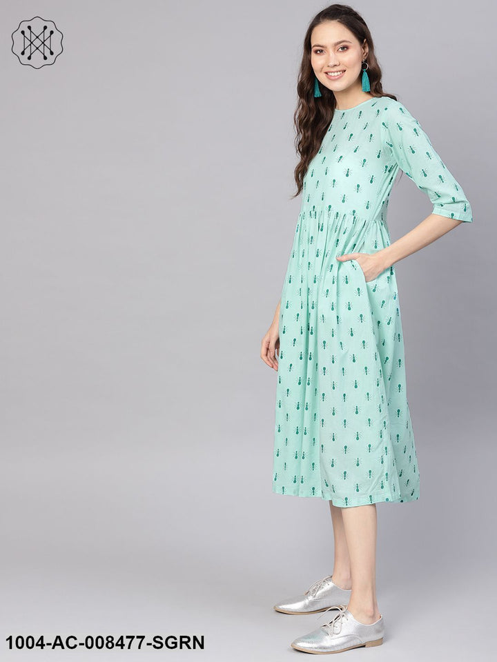 Pastel Green Quirky Printed Round Neck &amp; 3/4 Sleeves Maxi Dress