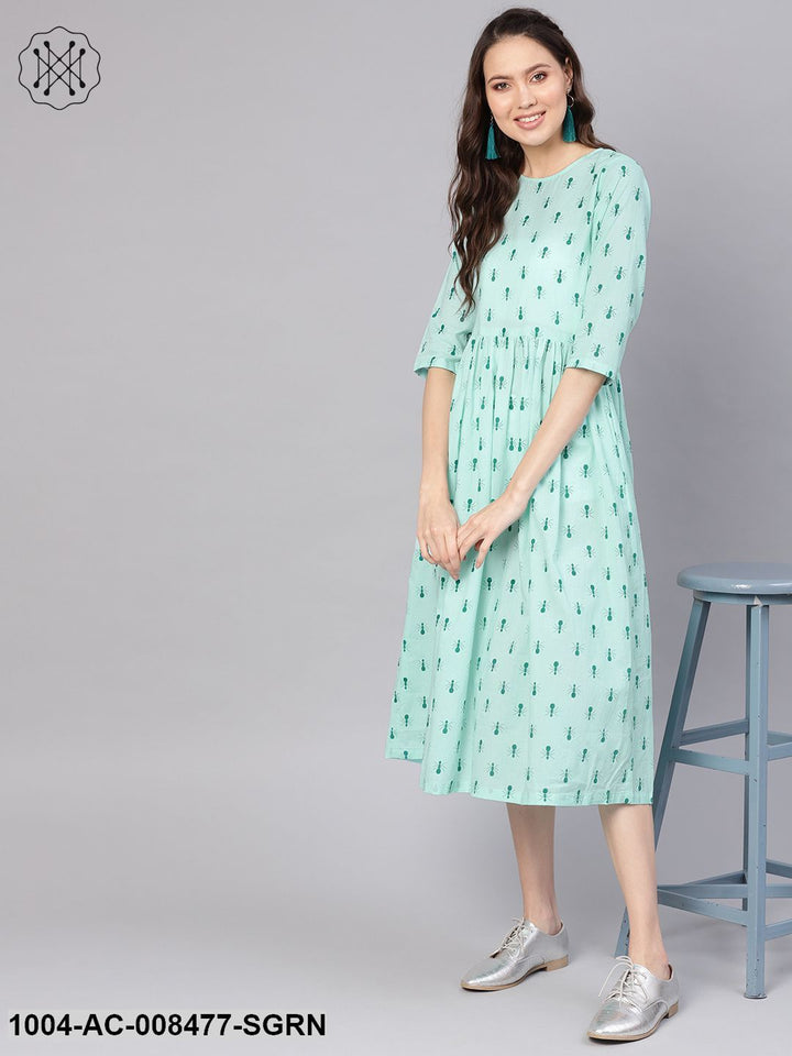 Pastel Green Quirky Printed Round Neck &amp; 3/4 Sleeves Maxi Dress
