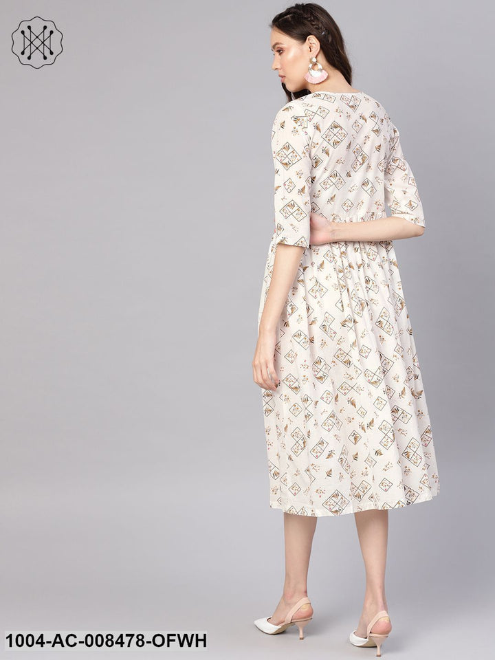 Off-White Printed Maxi Dress With Round Neck &amp; 3/4Th Sleeves