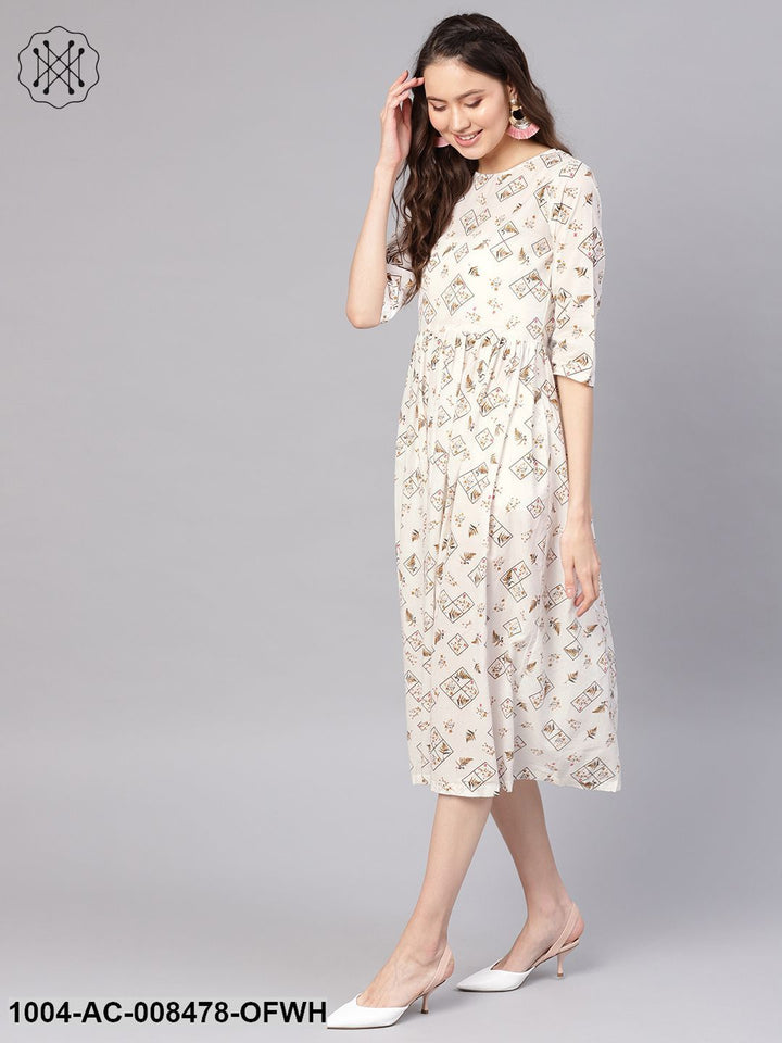 Off-White Printed Maxi Dress With Round Neck &amp; 3/4Th Sleeves