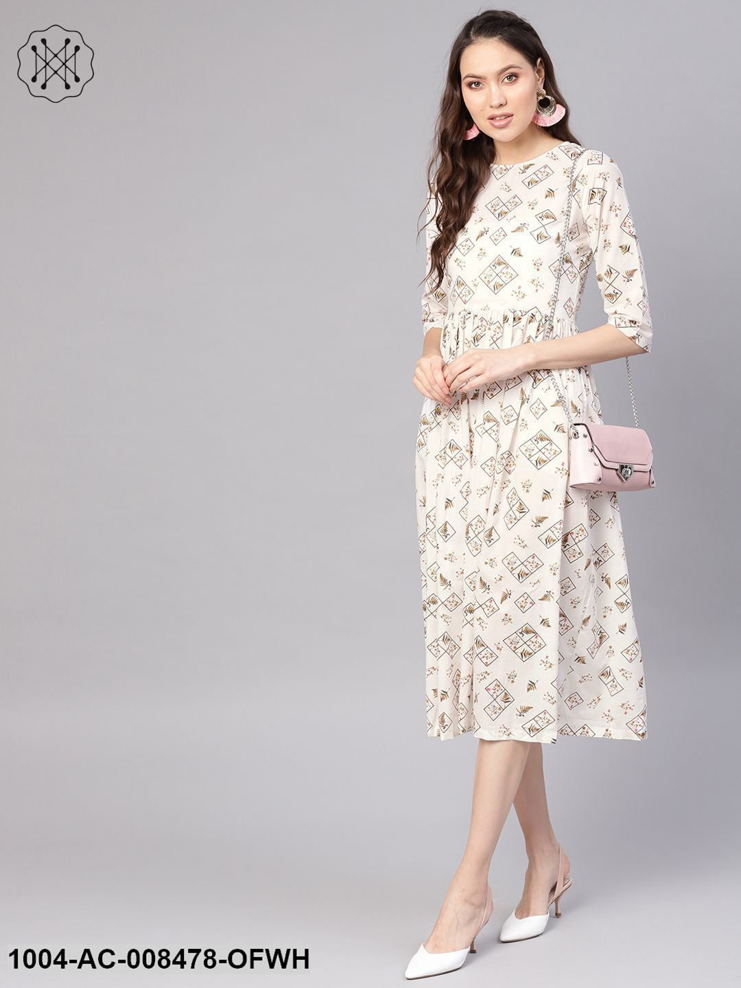 Off-White Printed Maxi Dress With Round Neck & 3/4Th Sleeves