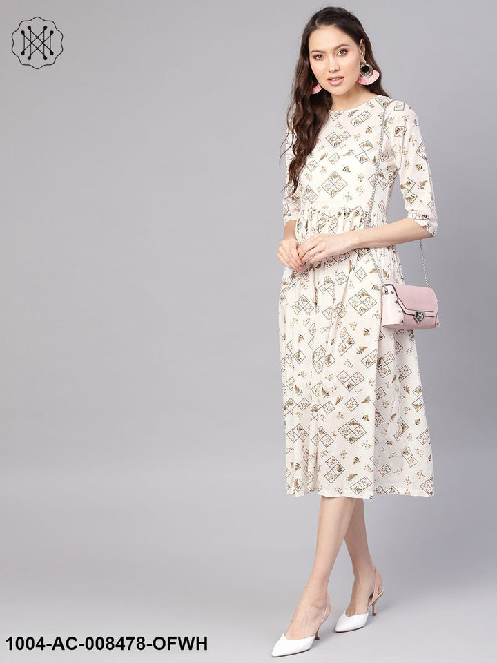 Off-White Printed Maxi Dress With Round Neck &amp; 3/4Th Sleeves