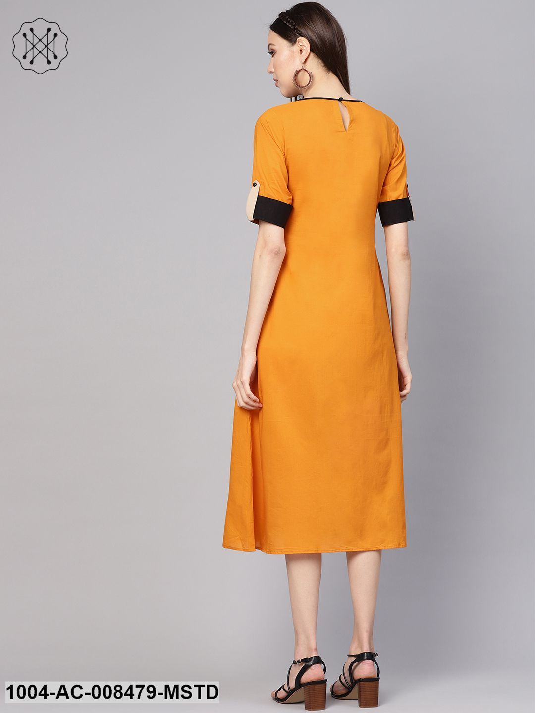 Mustard Color Blocked Panel Dress With Round Neck &amp; Half Sleeves