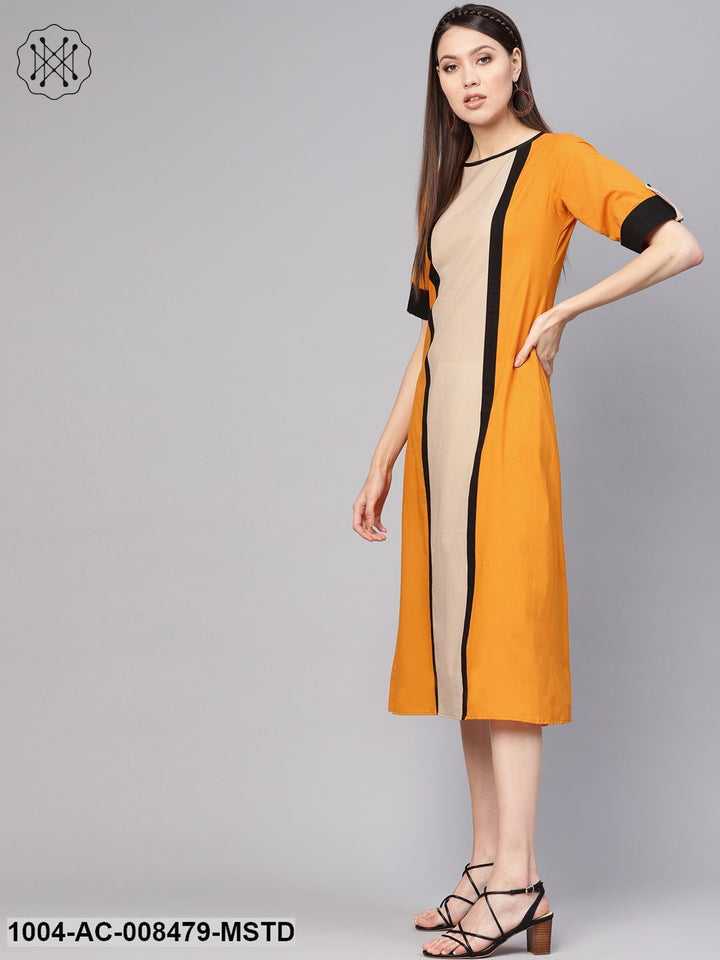 Mustard Color Blocked Panel Dress With Round Neck &amp; Half Sleeves