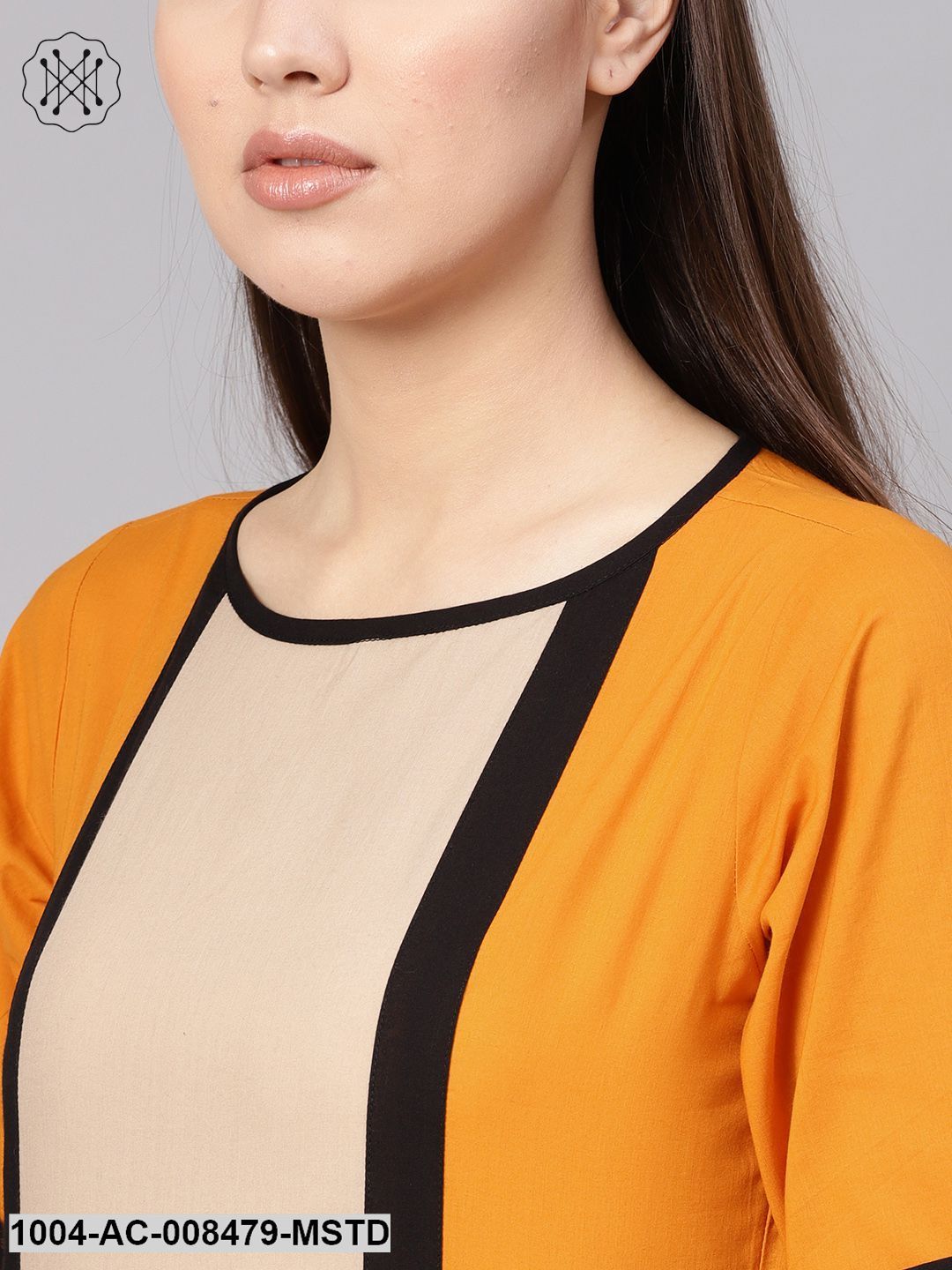 Mustard Color Blocked Panel Dress With Round Neck &amp; Half Sleeves
