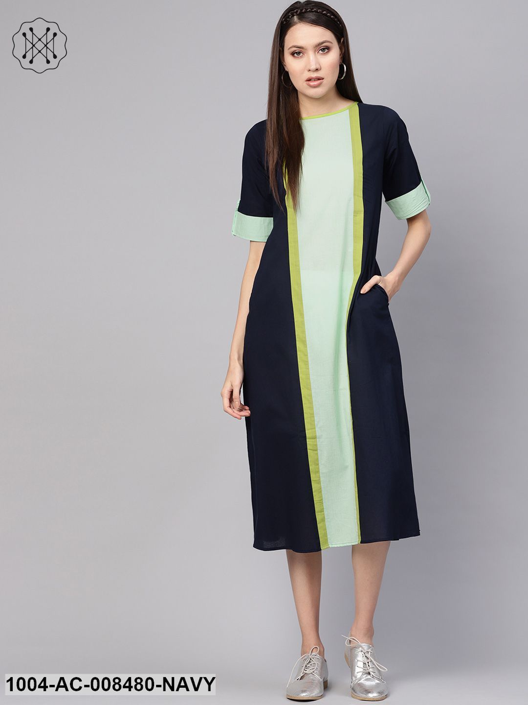Navy Blue Color Blocked Panel Dress With Round Neck & Half Sleeves